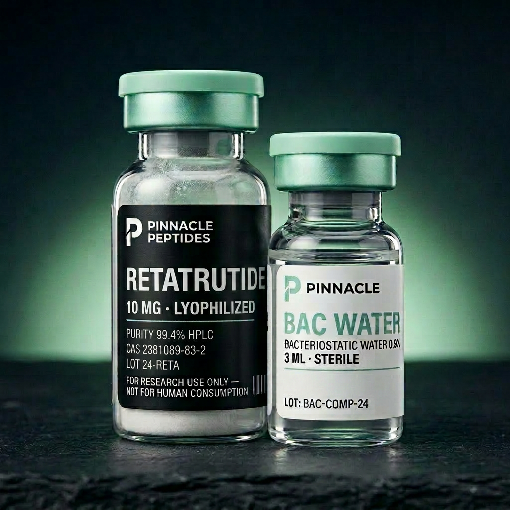 Pinnacle Peptides Retatrutide vial paired with free BAC water